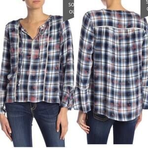 Seven 7 Flannel Plaid Relaxed Bell Sleeve Blouse Medium Boho Cozy Cabincore